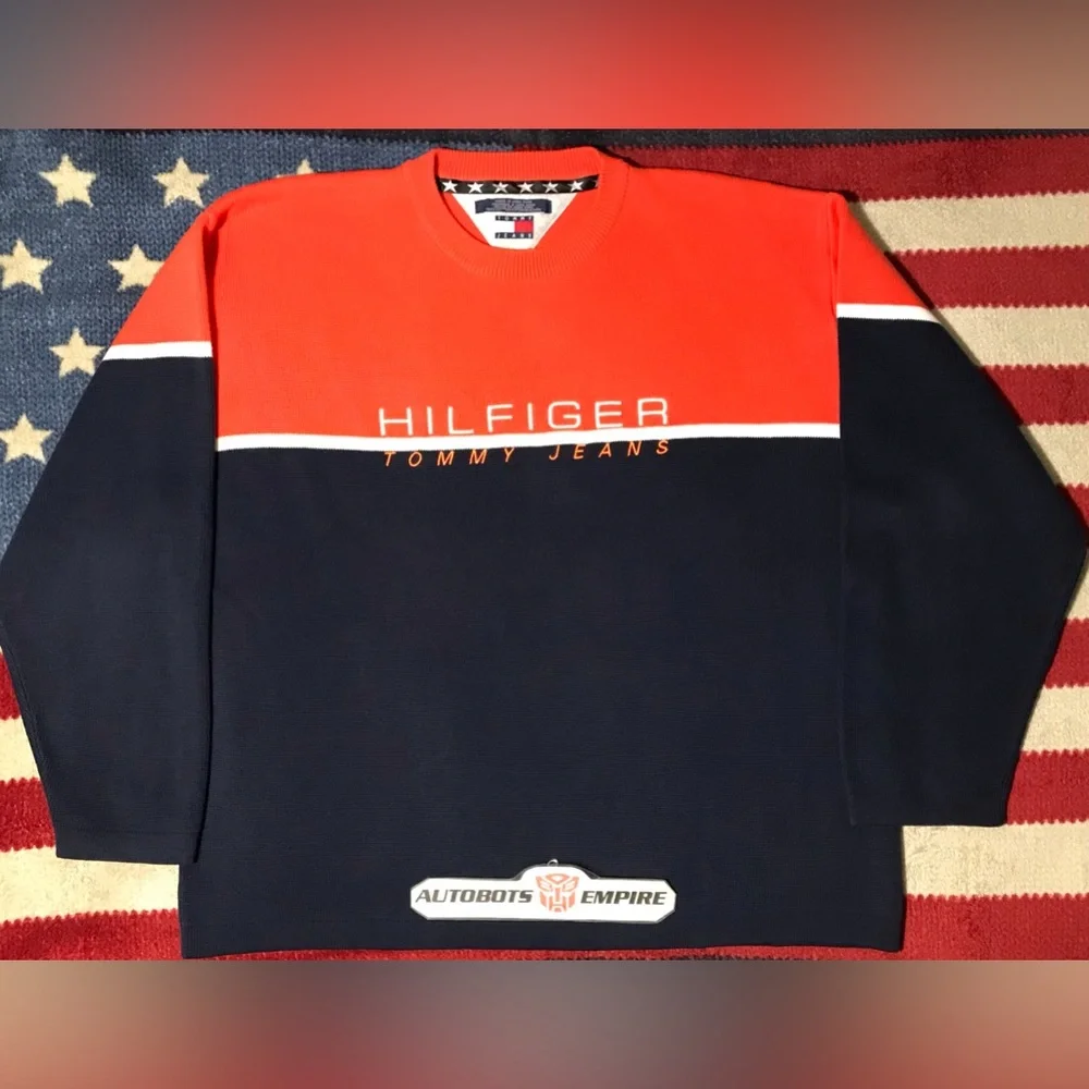 Vintage Tommy Hilfiger Jeans Navy Orange Crew Knit Sweater XL sportsman Rlpc Rlx